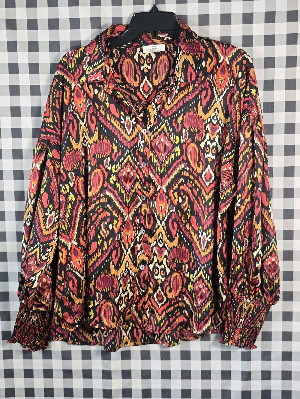 Entro Womens L Black Multicolor Ikat Paisley Print Button Blouse Balloon Sleeve